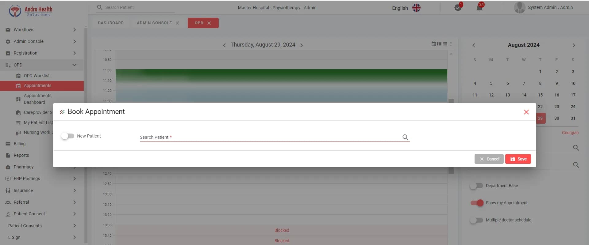 AndroHealth appointment calendar with the book-appointment dialog open