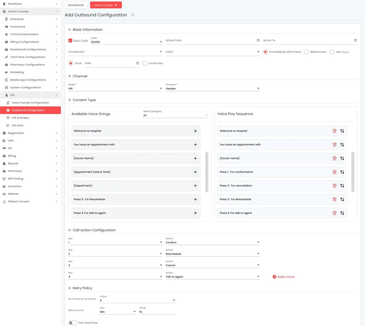 Voice-call appointment reminder setup: call script, confirm, cancel and reschedule keys, and retry policy